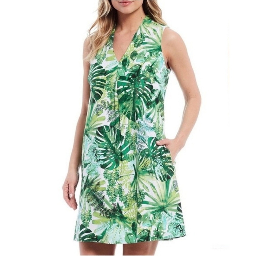 Tommy Bahama Green Palm Frond Print Linen Blend Sleeveless V-Neck Dress Size S